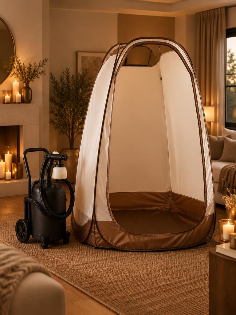Mobile spray tanning tent set up in a warm home living room