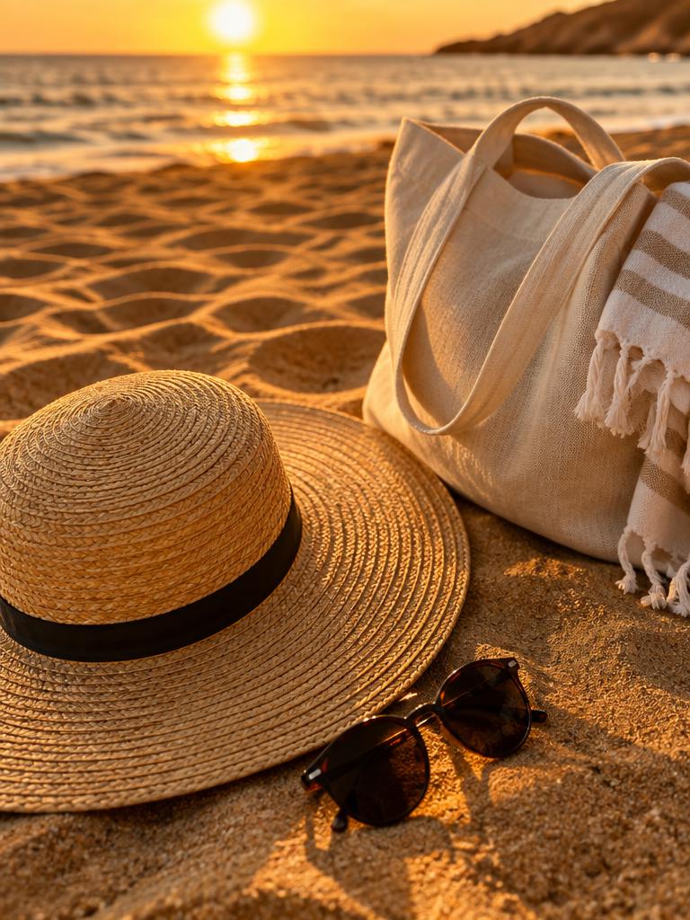 Sun hat and beach bag on golden sand at sunset